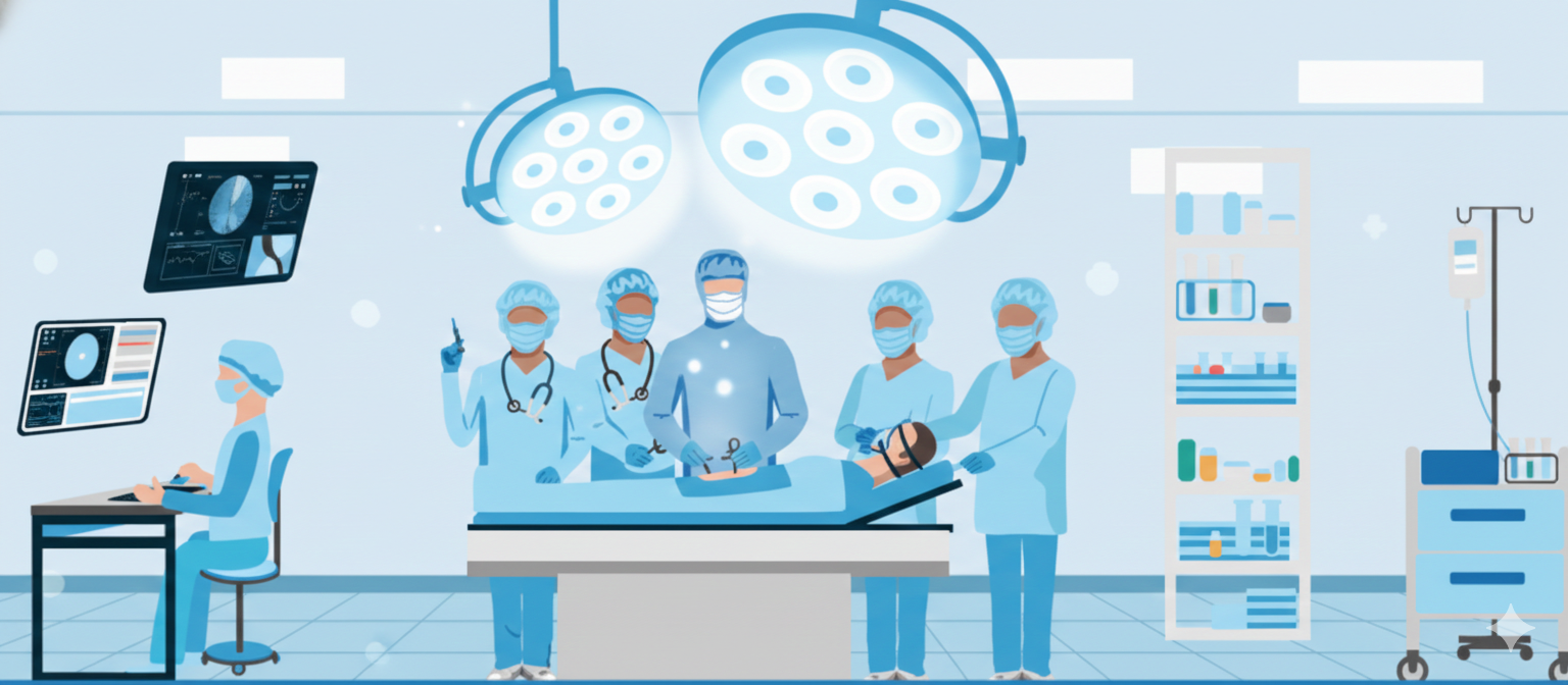 插圖：手術房中醫療團隊正在為病人進行手術