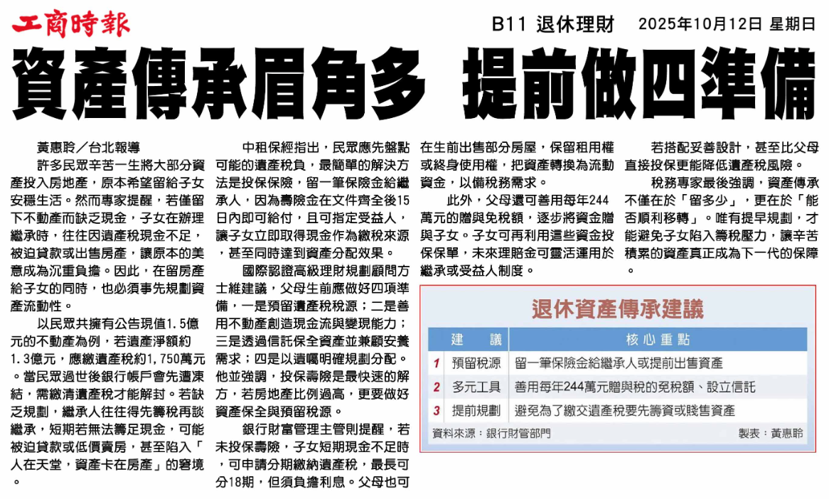 資產傳承提前做四準備 剪報圖