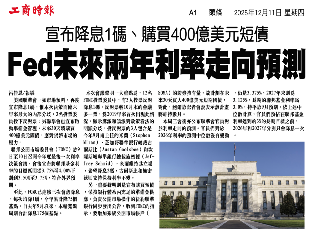 Fed 宣布降息 1 碼、購買 400 億美元短債 剪報
